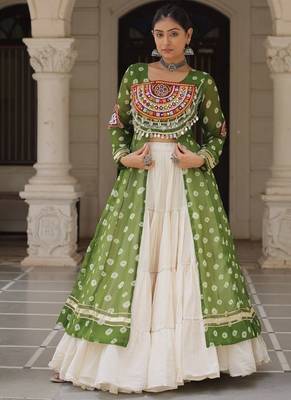 Green Navaratri Special Kora Cotton Frill Lehenga with Patch Work Georgette Kurti 1