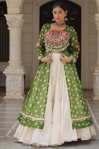 Green Navaratri Special Kora Cotton Frill Lehenga with Patch Work Georgette Kurti