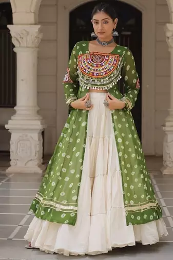 Green Navaratri Special Kora Cotton Frill Lehenga with Patch Work Georgette Kurti