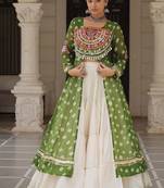 Green Navaratri Special Kora Cotton Frill Lehenga with Patch Work Georgette Kurti