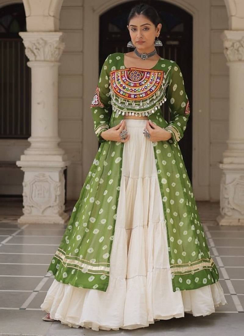 Green Navaratri Special Kora Cotton Frill Lehenga with Patch Work Georgette Kurti