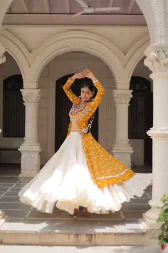 Yellow Navaratri Special Kora Cotton Frill Lehenga with Patch Work Georgette Kurti