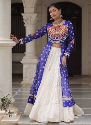 Blue Navaratri Special Kora Cotton Frill Lehenga with Patch Work Georgette Kurti 5