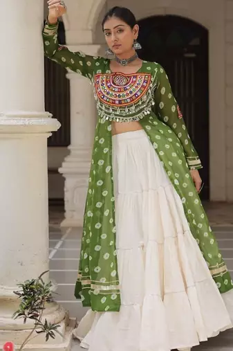 Green Navaratri Special Kora Cotton Frill Lehenga with Patch Work Georgette Kurti