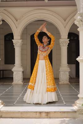 Yellow Navaratri Special Kora Cotton Frill Lehenga with Patch Work Georgette Kurti 3