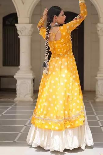 Yellow Navaratri Special Kora Cotton Frill Lehenga with Patch Work Georgette Kurti