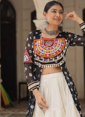 Black Navaratri Special Kora Cotton Frill Lehenga with Patch Work Georgette Kurti 4