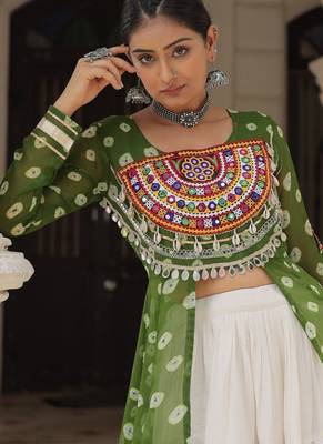 Green Navaratri Special Kora Cotton Frill Lehenga with Patch Work Georgette Kurti 4