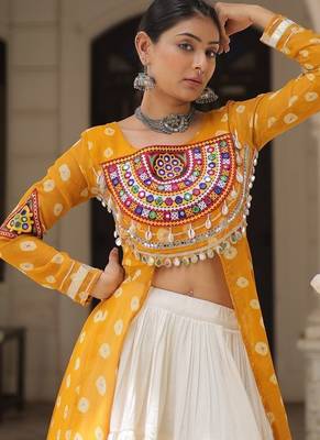Yellow Navaratri Special Kora Cotton Frill Lehenga with Patch Work Georgette Kurti 5