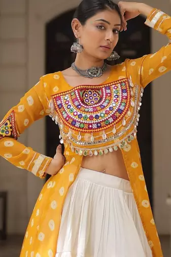 Yellow Navaratri Special Kora Cotton Frill Lehenga with Patch Work Georgette Kurti