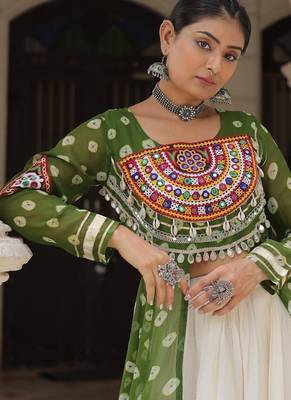 Green Navaratri Special Kora Cotton Frill Lehenga with Patch Work Georgette Kurti 5
