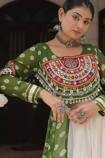 Green Navaratri Special Kora Cotton Frill Lehenga with Patch Work Georgette Kurti