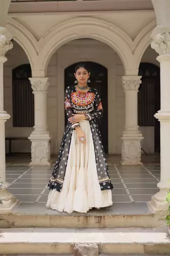 Black Navaratri Special Kora Cotton Frill Lehenga with Patch Work Georgette Kurti