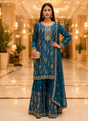 Blue embroidered silk blend kurta sharara set with dupatta for women 1