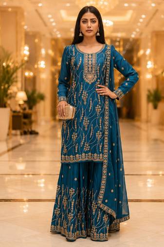 Blue embroidered silk blend kurta sharara set with dupatta for women