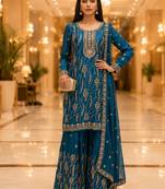 Blue embroidered silk blend kurta sharara set with dupatta for women