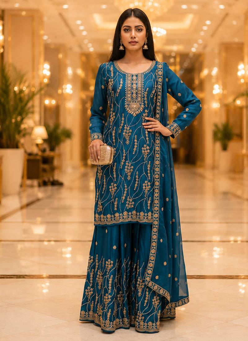Blue embroidered silk blend kurta sharara set with dupatta for women