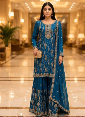 Blue embroidered silk blend kurta sharara set with dupatta for women 2