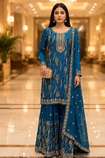 Blue embroidered silk blend kurta sharara set with dupatta for women