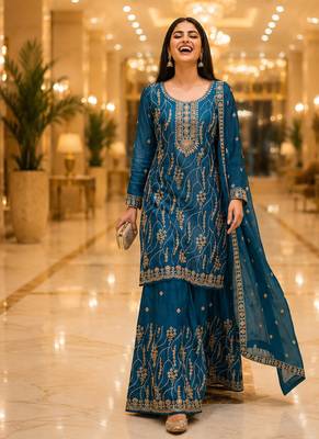 Blue embroidered silk blend kurta sharara set with dupatta for women 3