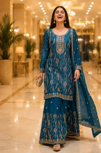 Blue embroidered silk blend kurta sharara set with dupatta for women