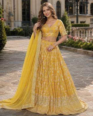 Yellow Viscose Semi Stitched Lehenga Choli with Embroidery & sequin Work 1