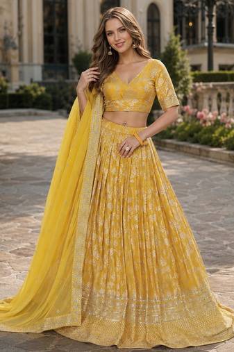 Yellow Viscose Semi Stitched Lehenga Choli with Embroidery & sequin Work