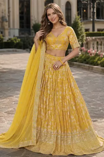 Yellow Viscose Semi Stitched Lehenga Choli with Embroidery & sequin Work