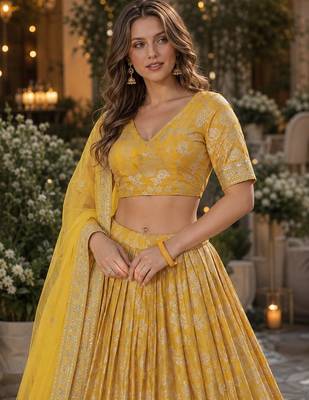 Yellow Viscose Semi Stitched Lehenga Choli with Embroidery & sequin Work 2