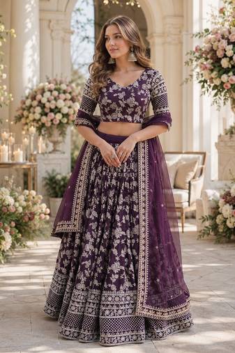 Purple Viscose Semi Stitched Lehenga Choli with Embroidery & sequin Work