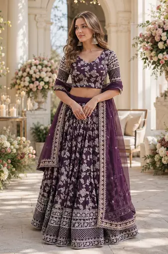 Purple Viscose Semi Stitched Lehenga Choli with Embroidery & sequin Work