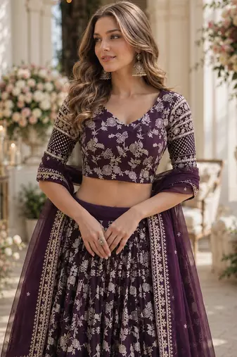 Purple Viscose Semi Stitched Lehenga Choli with Embroidery & sequin Work