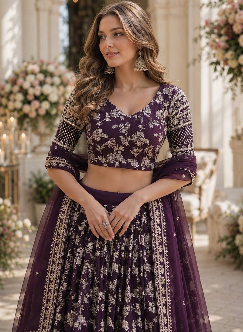 Purple Viscose Semi Stitched Lehenga Choli with Embroidery & sequin Work