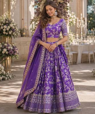 Violet Viscose Semi Stitched Lehenga Choli with Embroidery & sequin Work 1