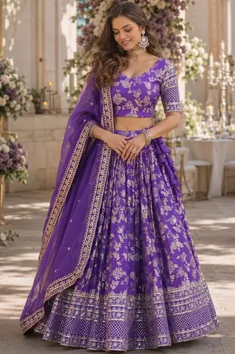 Violet Viscose Semi Stitched Lehenga Choli with Embroidery & sequin Work
