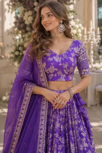Violet Viscose Semi Stitched Lehenga Choli with Embroidery & sequin Work
