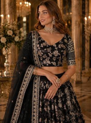 Black Viscose Semi Stitched Lehenga Choli with Embroidery & sequin Work 2
