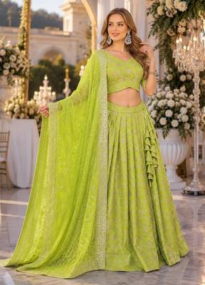 Green Viscose Semi Stitched Lehenga Choli with Embroidery & sequin Work 1