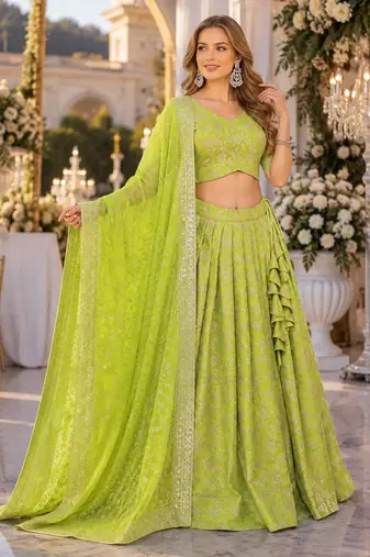 Green Viscose Semi Stitched Lehenga Choli with Embroidery & sequin Work