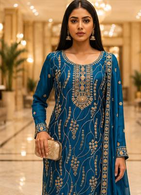 Blue embroidered silk blend kurta sharara set with dupatta for women 4