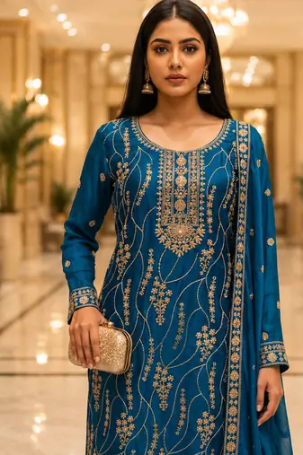 Blue embroidered silk blend kurta sharara set with dupatta for women
