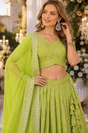 Green Viscose Semi Stitched Lehenga Choli with Embroidery & sequin Work