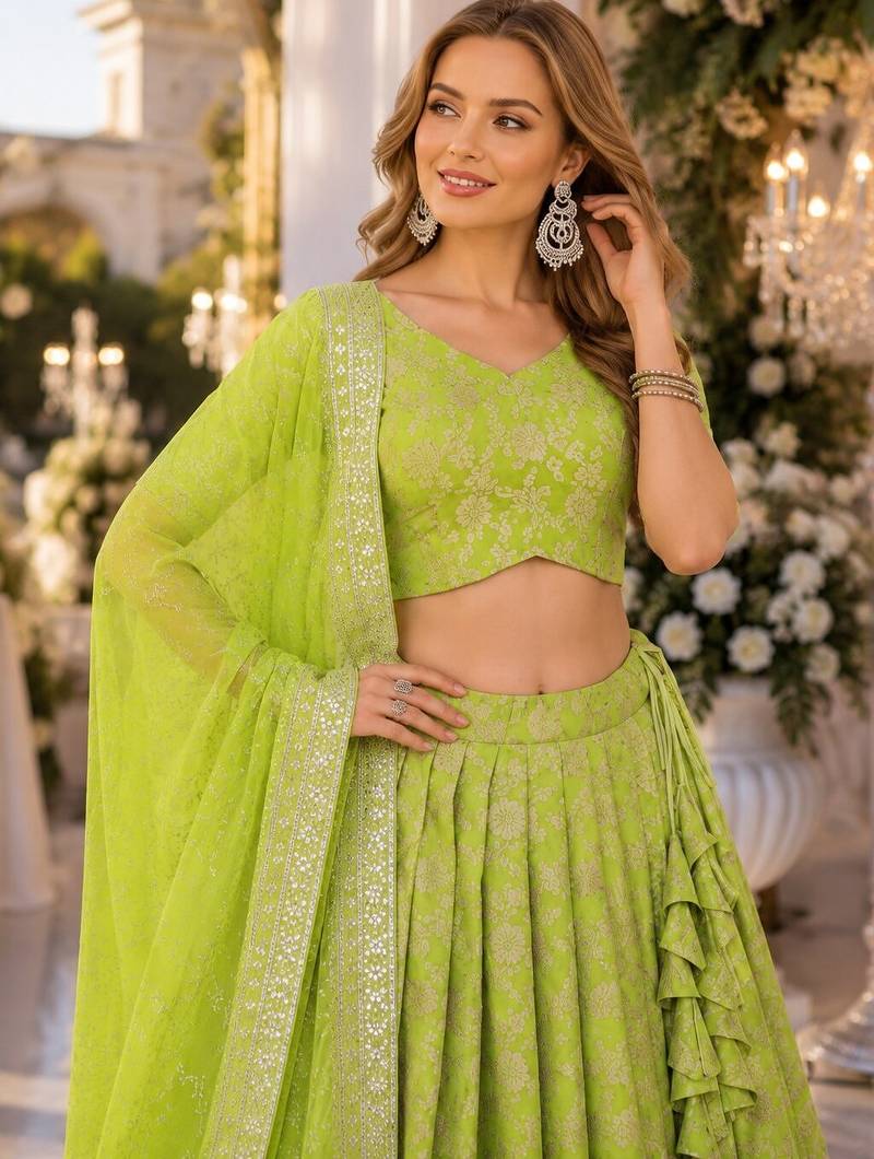 Green Viscose Semi Stitched Lehenga Choli with Embroidery & sequin Work