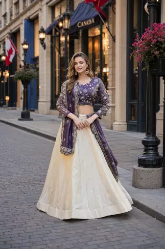 Violet Silk Semi Stitched Lehenga Choli with Embroidery & Zari Work