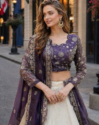 Violet Silk Semi Stitched Lehenga Choli with Embroidery & Zari Work 2