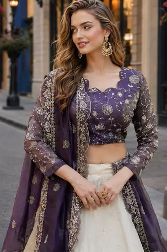 Violet Silk Semi Stitched Lehenga Choli with Embroidery & Zari Work
