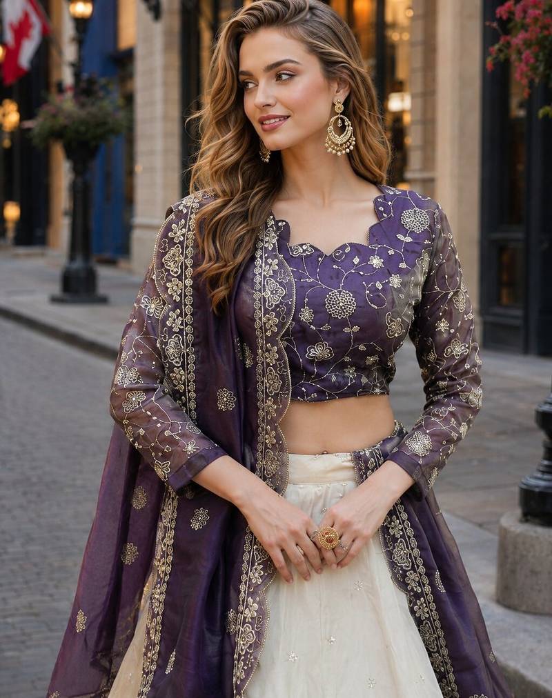 Violet Silk Semi Stitched Lehenga Choli with Embroidery & Zari Work
