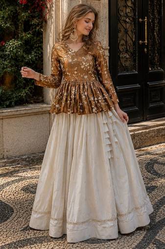 Mustard Silk Free Size Stitched Lehenga Choli with Embroidery & Mirror Work