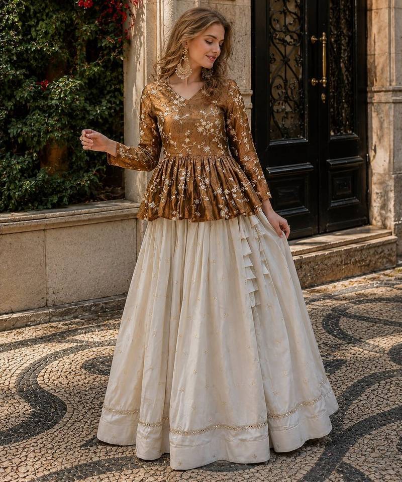 Mustard Silk Free Size Stitched Lehenga Choli with Embroidery & Mirror Work