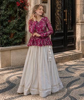 Purple Silk Free Size Stitched Lehenga Choli with Embroidery & Mirror Work 1